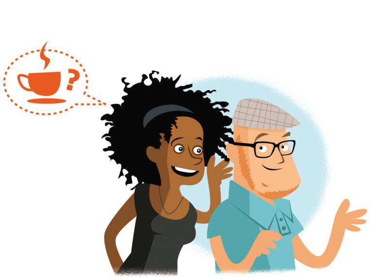 Illustration im Comicstil: Eine Frau flüstert einem Mann etwas ins Ohr. In einer Sprechblase über ihrem Kopf sind eine Kaffeetasse und ein Fragezeichen abgebildet.